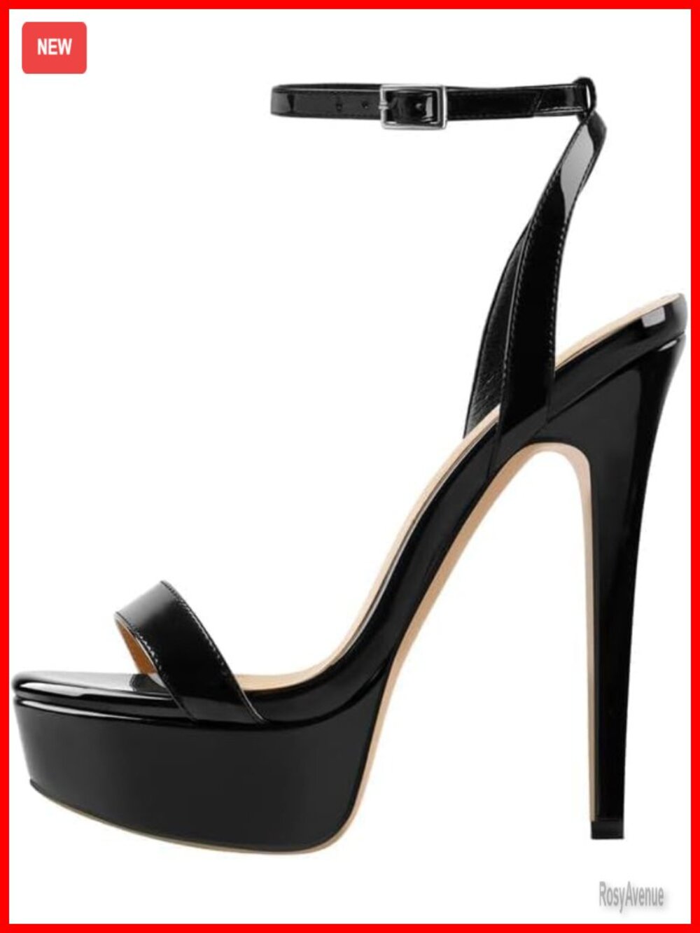Platform Stiletto Heels Round Open Toe Ankle Strap Faux Leather Buckle